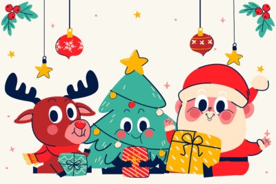 Fröhliche Weihnachtsillustration mit Rentier, geschmücktem Tannenbaum und Weihnachtsmann, alle mit Geschenken, umgeben von weihnachtlichen Ornamenten und Sternen.