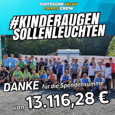 Gruppenfoto von Sportlern bei einer Spendenaktion der Goitzsche Front Chaos Crew unter dem Motto „#KinderaugenSollenLeuchten“ mit einer gesammelten Spendensumme von 13.116,28 Euro.