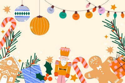 Weihnachtliche Illustration mit Zuckerstange, Lebkuchenmann, Geschenken, Nussknacker, Lichterkette und Tannenzweigen auf hellem Hintergrund.