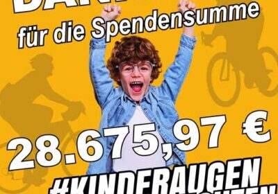 Jubelndes Kind vor gelbem Hintergrund mit Radfahrer-Silhouetten. Text: „Danke für die Spendensumme 28.675,97 € – #KinderaugenSollenLeuchten“.