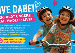 „Das Bild informiert über das Live-Tracking des 24h-Benefizradelns ‚Kinderaugen sollen leuchten‘. Familien, Freunde, Fans und Unterstützer können ab dem 4. September 2026 um 18 Uhr alle teilnehmenden Teams während der gesamten 24 Stunden online live verfolgen.“